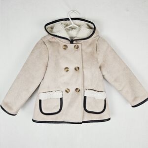 Janie and Jack Cream Suede Peacoat with Black Trim and Hood Sherpa Lining 2T